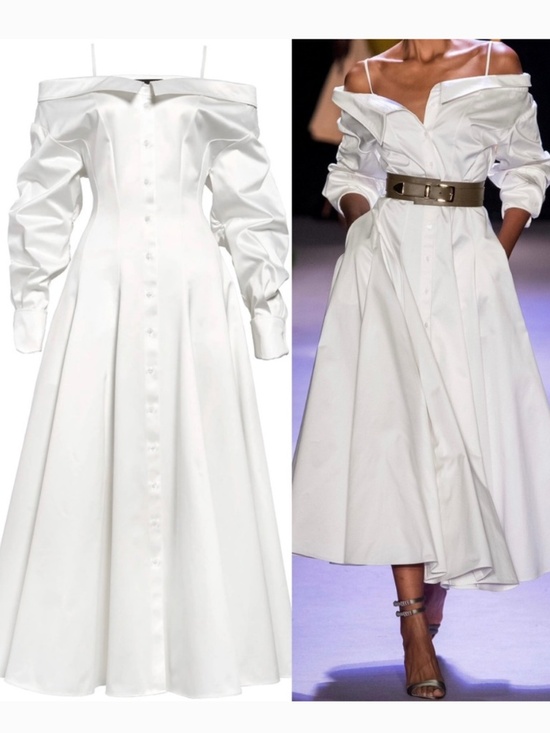 Brandon Maxwell Dresses & Skirts - NWT Brandon Maxwell Off-Shoulder White Sz 6 Long Sleeve Cotton Midi Shirtdress